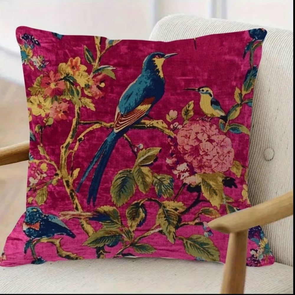 NWT Bird Floral Throw Pillow Cover 18x18 Vintage Cottagecore Zipper - Picture 5 of 6